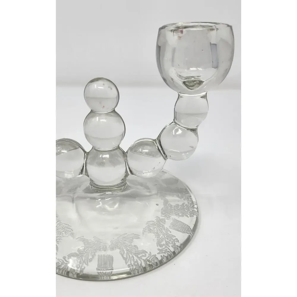 Vintage Double Candlestick Holder | Paden City Glass Co | Etched Floral Base